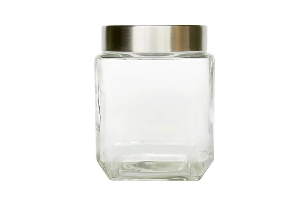Lege Vierkante Glazen Pot Met Zilveren Deksel Geïsoleerd Witte Achtergrond — Stockfoto