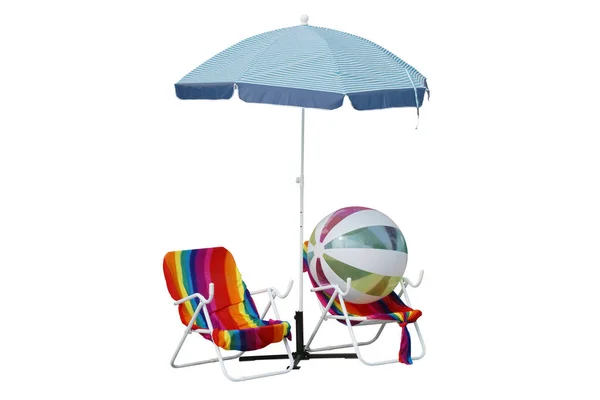 Strandstoelen Met Kleurrijke Handdoeken Strandbal Blauw Wit Gestreept Patroon Paraplu — Stockfoto