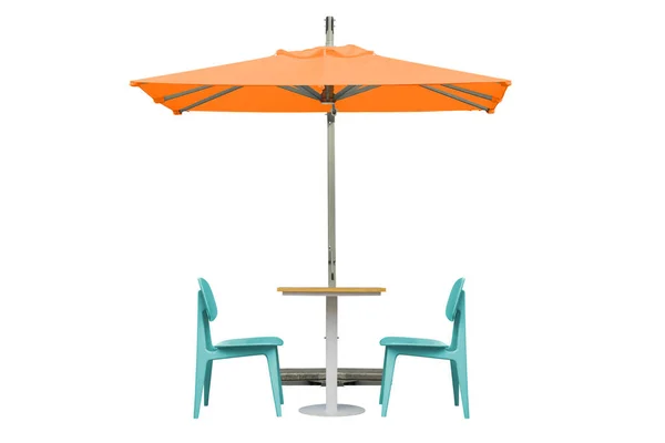 Outdoor Eettafel Stoelen Met Oranje Paraplu Geïsoleerd Witte Achtergrond Met — Stockfoto