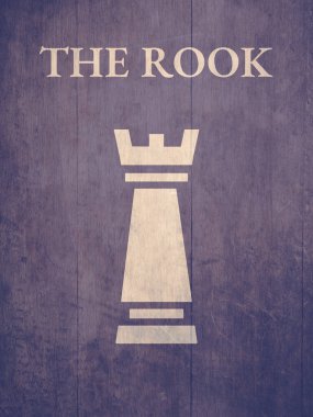 Mor arkaplandaki Rook Chess parçasının silueti desenli ve isim etiketli metin. Eski ve Eski Poster Konsepti. Spor ve Stratejik Oyun.