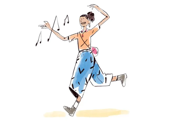 Young Woman Walking And Singing With Big Smile At Street, Happy Music Note In Lifestyle Moment. Illustration Of Happy Life. Sketch With Line Art And Pastel Color. Cartoon For Article