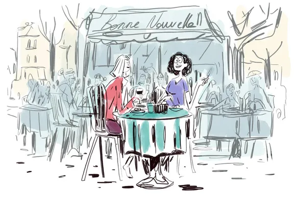 Happy Two Woman Friend Breakfast Together And Talking At French Paris Restaurant, Happy Friends Moment Design Illustration. Illustration Of Happy Life. Drawing With Line Art And Subtle Color.