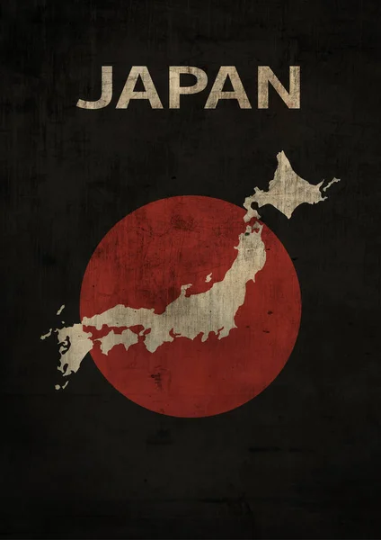 Piros Kör Nap Japánból Térképet Ország Illusztráció Japán Nyelvű Szöveggel — Stock Fotó