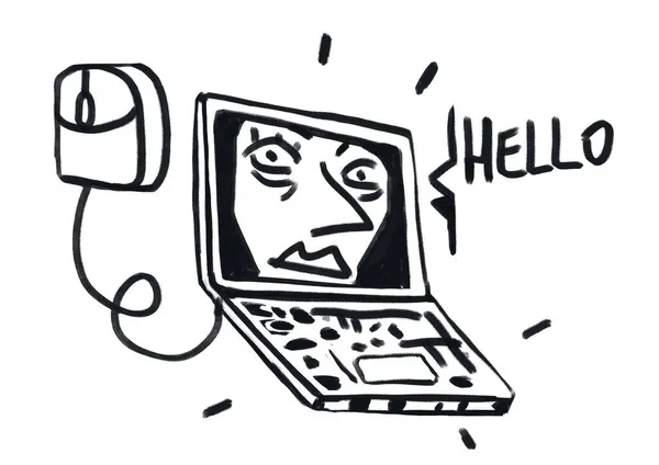 Funny Computer Laptop Cubism Woman Portrait Computer Say Hello You — Stock Photo, Image