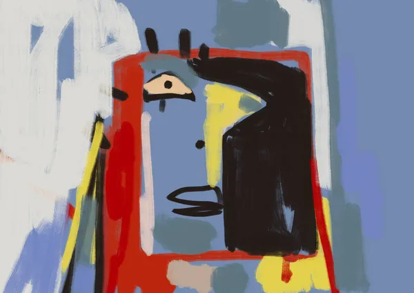 Portrait Géométrique Abstrait Joyeux Avec Tête Carrée Peinture Rugueuse Croquis — Photo