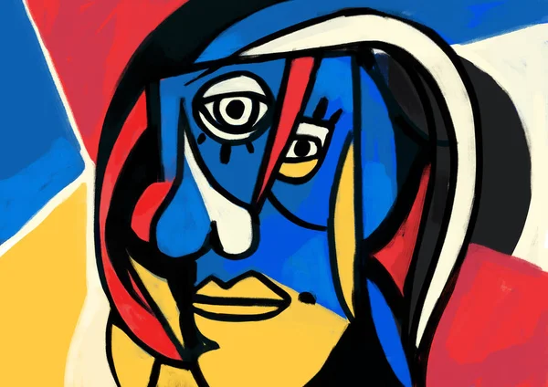 Komik insan portresi kübizm hareketi ve Picasso ilhamı birincil renk ve geometrik şekiller. Doymuş renkte estetik resim. Duvar sanatı için resim
