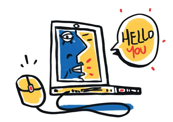 Funny Computer with cubism portrait in computer say hello you with bubble concept for help. Creative illustration painting with vibrant color. Concept for print