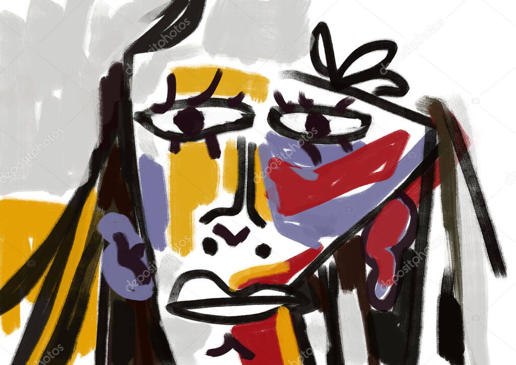 Funny confident character portrait painting cubism with Inspiration of Picasso rough line and primary color . Agitated gouache painting with deep color. Picture for print