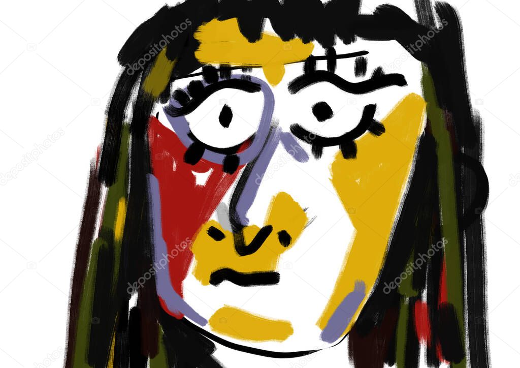 Gorgeous shocked woman portrait rough and sketch painting cubism. Inspiration of Picasso . Energetic gouache with vivid color. Illustration for art print