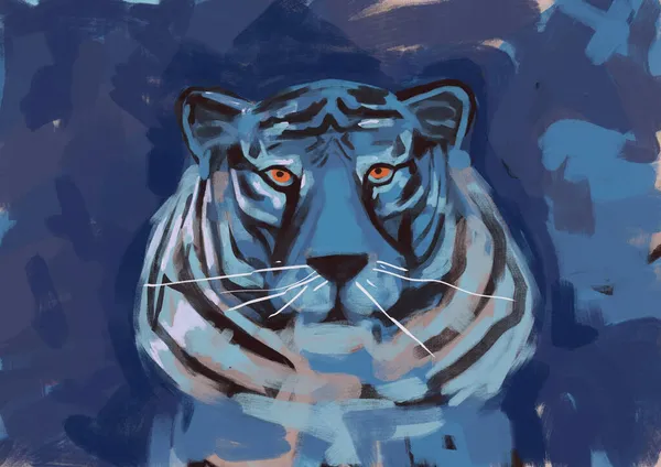 Stimulant Tiger Portrait Avec Paisible Couleur Bleue Grunge Peinture Moderne — Photo