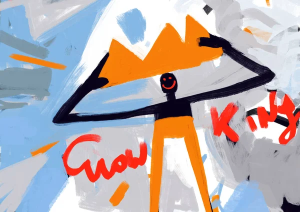 Portakal renkli medya, konsept sanat, pop-art resim ve sokak sanatı ile aydınlatılmış kocaman turuncu tacı olan görkemli uyuşuk adam. Uyumlu renkte enerjik Suluboya.
