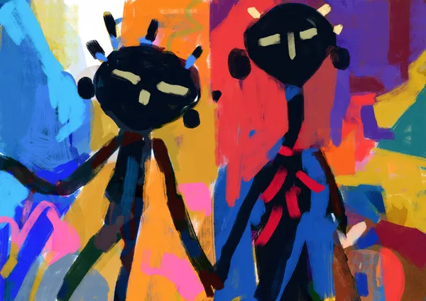 Дві Страшні Чорні Ляльки Вуду Тримаються Руки Африканський Кольоровий Візерунок — стокове фото