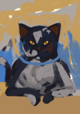 Neşeli yüz kedi portresi siyah renk ve mutsuz grunge resim ve kağıt kesiği, karışık medya sanatı, modern resim ve grafiti. Canlı renkte estetik bir tablo. Duvar sanatı kavramı