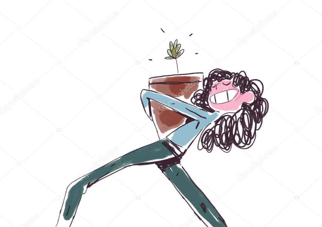 Funny Girl hugs a pot, she is happy to garden, cartoon and strip. Artistic sketch with brilliant. Illustration for print, wall art and event