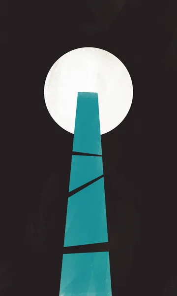 Inventive Blue Broken Tower Shape White Moon Black Abstract Art — Stock Photo, Image