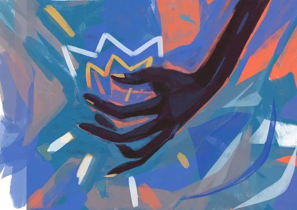 Opgewonden Zwarte Vrouw Hand Houden Kleine Kroon Blauwe Kleur Illustratie — Stockfoto