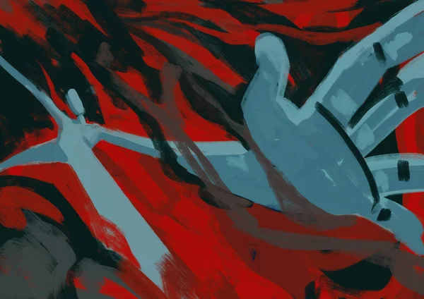 Страшный Человек Бежит Красном Пламени Дыму Иллюстрация Перспективным Искажением Иллюстрация — стоковое фото