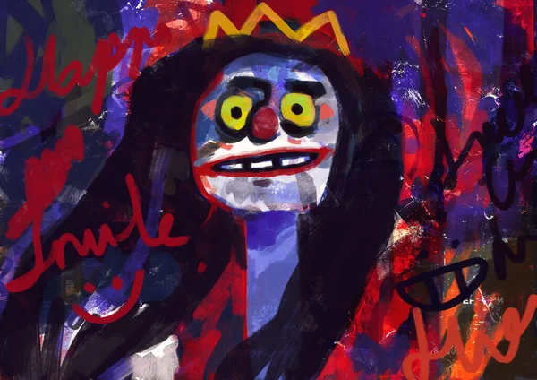 Strange clown king with eyes wide open, mix-media on wall concept art, grunge art and graffiti painting. Joyful oil painting with vivid color. Illustration for print