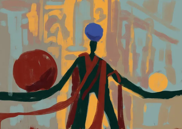 Mysterious balance figure with spheres on the arms and head. behind a deserted temple expressionism painting, illustration, painting graffiti and mix media. Artistic acrylic painting with Bright color.