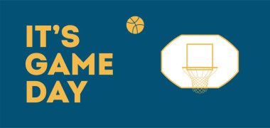 Basketbol potası ve top ile düz dizayn edilmiş neşeli minimalist afiş ve oyun günü, oyun konsepti ve spor metni. Uyumlu renklerle muhteşem bir tasvir. Pankart için resim