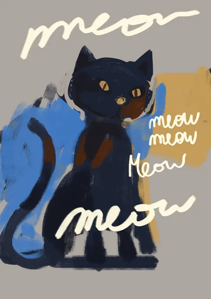 Potret Kucing Yang Energik Hitam Dan Teks Dengan Meow Desain — Stok Foto