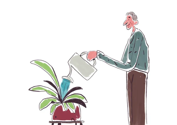 Šťastný Šedesátiletý Muž Klidně Povstal Křovinaté Rostliny Zahrady Kresleného Životního — Stock fotografie