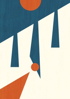 Şekiller ve dokularla stilize edilmiş modern soyut sanat, son moda İskandinav sanat eserleri. Güçlü renkli, sanatsal bir poster. Bunun için arka plan