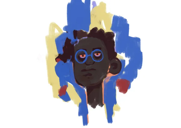 精力充沛的黑人青年肖像画与蓝色太阳镜现代绘画与形状 斑点和飞溅 现代绘画和涂鸦 具有和谐色彩的创意粉笔 — 图库照片