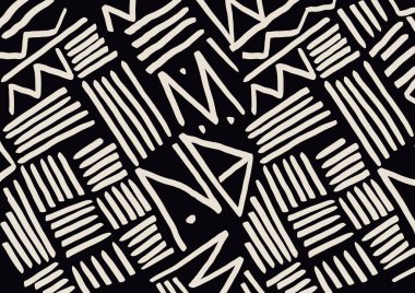 Siyah zig zag desenli geleneksel Afrika sanatı, soyut sanatla klipsleme sanatı. Çamur bezi mürekkebi, siyah beyaz. Moda için el yapımı tarihi Bogolan, antik sanat
