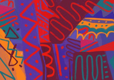 Soyut şekil ve çizgilerle kurnaz geometrik form, soyut ve bitkisel şekil, dışavurumculukla illüstrasyon. Sarı ve mor arkaplan çizgisi