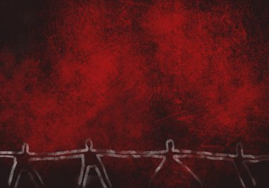 Ürkütücü çocuklar, siluet duvar çizimleri, parlak kırmızı desenli grunge taş duvar, minimalist ve soyut sanat. Karanlık temalı arka plan. Duvar sanatı, baskı ve poster için soyut asgari sanat