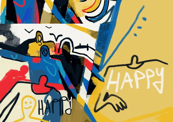 Щасливий Малюнок Груповий Силует Барвистий Змішаний Стиль Ілюстрація Експресіонізмом Мультяшний — стокове фото