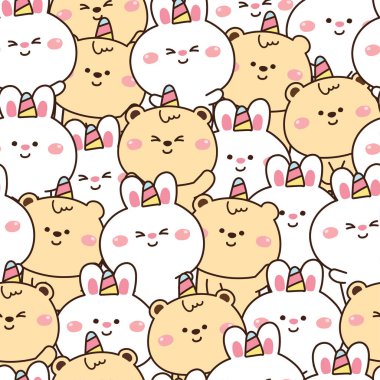 Tekrar ediyorum. Güzel tavşanın kusursuz deseni ve ayı arka planı. Çizgi film hayvan karakteri tasarımı. Duvar kağıdı, kart, bebek bezi, hediye kağıdı, çocuk üretimi..