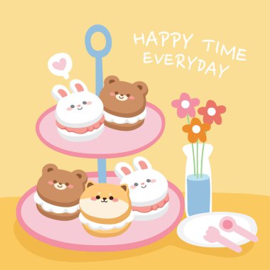 Şirin karikatür hayvanları tabakta çiçekli makarna ile karşı karşıya. Çocuk, çıkartma, kart, arkaplan, duvar kağıdı, afiş. Grafik tasarımı. Tavşan, ayı, shiba inu dog.Dessert. Kawaii.Vector. İllüstrasyon..