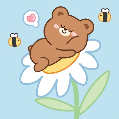 Şirin ayı, arı çizgi filmiyle çiçeğin üzerinde uyur. Hayvan karakteri tasarımı. Çocuk grafiği. Arka plan..