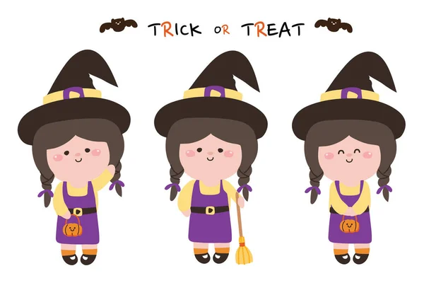 Halloween Set Cute Girl Witch Costume Cartoon White Background Doodle — Stock Vector