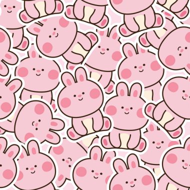 Oturmakta olan sevimli pembe tavşanın kusursuz deseni arka plan pozu. Hayvan karakteri dizaynı. Tekrar ediyorum. Kawai. Bebek bezi, hediye kağıdı, kart, pankart, duvar kağıdı, yapıştırıcı..