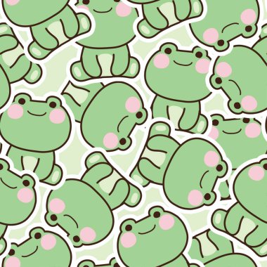 Oturmakta olan sevimli kurbağanın kusursuz deseni arka planda poz veriyor. Hayvan karakteri çizgi film tasarımı. Tekrarlıyorum. Kawai. Bebek bezi, hediye kağıdı, kart, pankart, duvar kağıdı, yapıştırıcı..