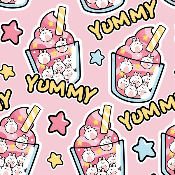 Seamless Pattern Cute Soft Ice Cream Rabbit Bubble Pink Background — стоковый вектор