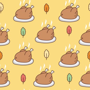 Şükran Günü 'nüz kutlu olsun. Sarı arka planda yaprak karikatürü olan kusursuz hindi yemeği deseni. Hasat festivali. Sahte. Kart, pankart, duvar kağıdı..