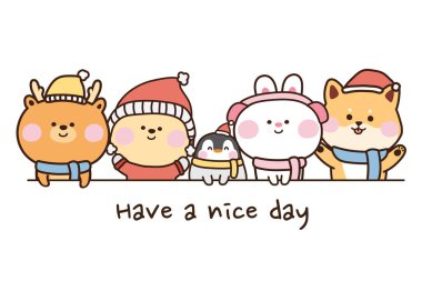 Kış konsepti. Sevimli hayvanların el çiziminin sunucu illüstrasyonuna iyi günler dilerim. Çizgi film karakteri tasarımları. Tavşan, penguen, köpek, ayı karalaması..