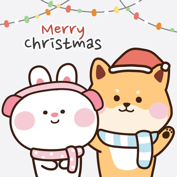 Schattig Konijn Hond Cartoon Winter Kerst Nieuwjaar Concept Vrolijk Kersttekst — Stockvector