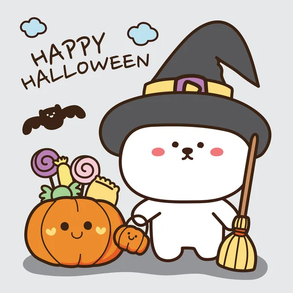 Halloween Concept Cute Bear Witch Cartoon Gray Background Pumpkin Candy — Stock Vector