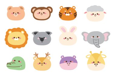 Bir grup sevimli orman hayvanı yüzü. Ayı, maymun, kola ayısı, su aygırı, aslan, geyik, zürafa, tavşan, kaplan, timsah, fil, koyun karikatürü. Karakter çizimi. Çocuk grafiği. Kawai. El çizimi..