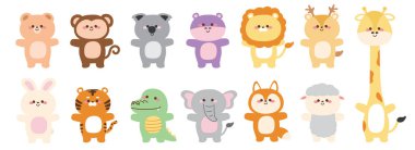 Bir grup sevimli orman hayvanı. Ayı, maymun, kola ayısı, su aygırı, aslan, geyik, zürafa, tavşan, kaplan, timsah, fil, tilki, koyun karikatürü. Karakter tasarımı. Çocuk grafiği..