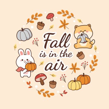 Sonbahar havada yazıyor. Balkabaklı, yapraklı, mantarlı, palamutlu, karikatürlü tavşan ve shiba inu köpeği. Hayvan karakter tasarımı. Fall.Autumn.Kawaii.Vector.Illustration.