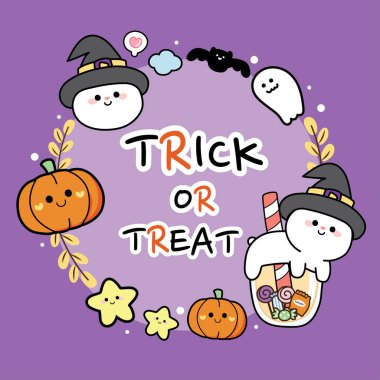 Oyun ya da ikram yazıları. Cadı kostümlü tavşan ve balkabağı. Mor arka planda karikatür. Hayvan karakteri tasarımı. Cadılar Bayramı..