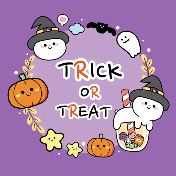 Trick Treat Writing Pumpkin Rabbit Witch Costume Frame Cartoon Purple — Stock Vector