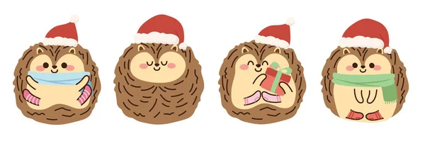 Frohe Weihnachten Set Von Niedlichen Kleinen Igel Tragen Weihnachtsmann Hut — Stockvektor