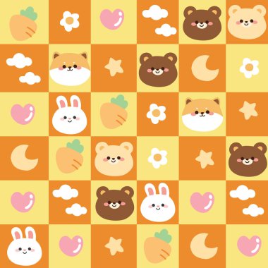 Turuncu kareli arka planda kusursuz şirin hayvan deseni. Çocuksu karikatür.